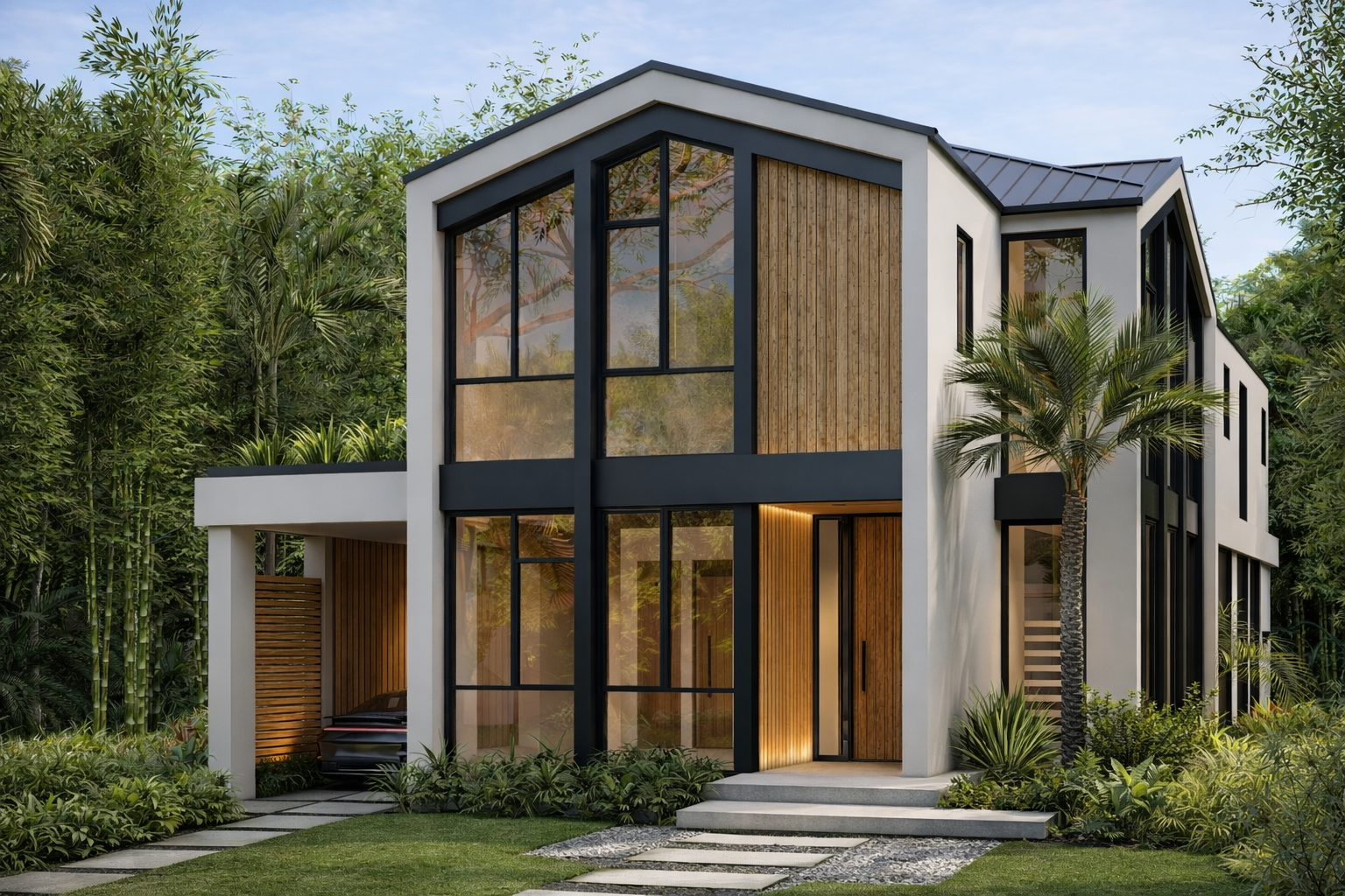 Canopy Homes modern residence with bamboo grove and wood accents