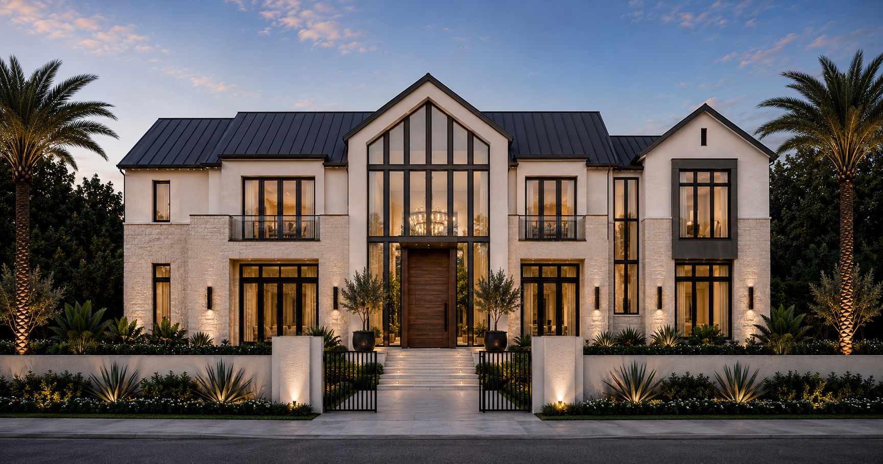 Canopy Homes estate residence with stone facade at dusk